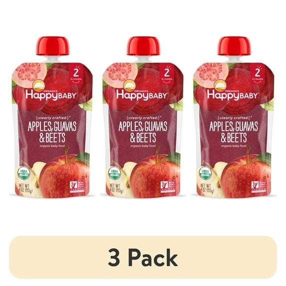 (3 pack) Happy Baby Clearly Crafted, Stage 2 Organic Baby Food, Apples, Guavas & Beets, 4 oz Pouch