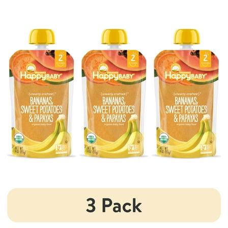(3 pack) Happy Baby Organics Clearly Crafted, Stage 2 Bananas Sweet Potatoes & Papaya Organic Baby Food, 4oz Pouch