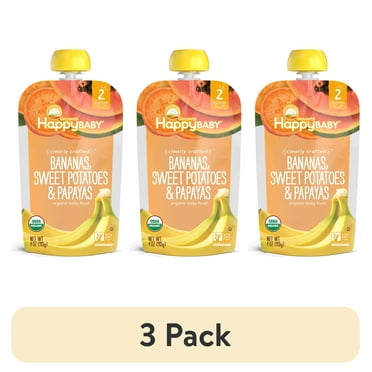 (3 pack) Happy Baby Organics Clearly Crafted, Stage 2 Bananas Sweet Potatoes & Papaya Organic Baby Food, 4oz Pouch
