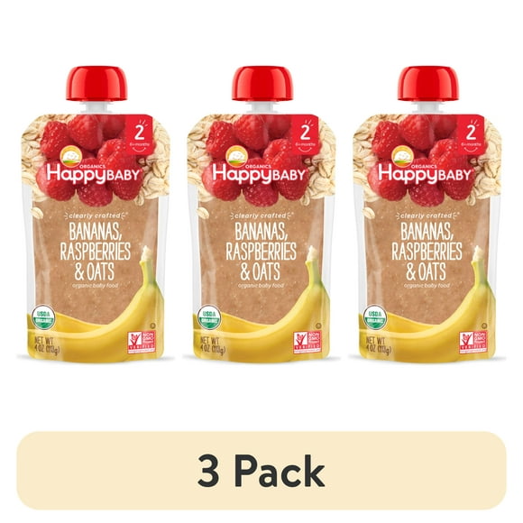 (3 pack) Happy Baby Organics Clearly Crafted, Stage 2 Bananas Raspberries & Oats Organic Baby Food, 4oz Pouch