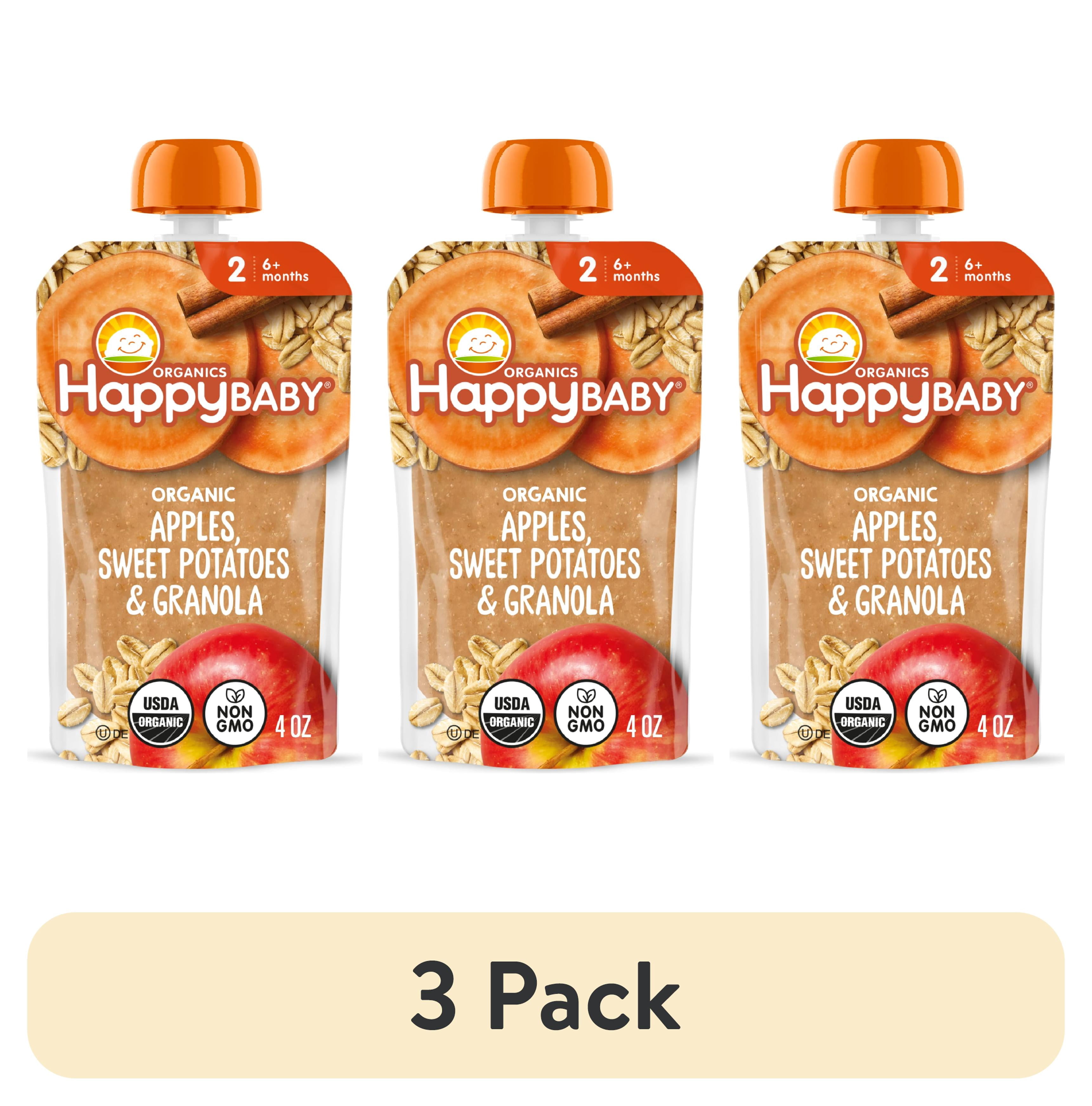 (3 pack) Happy Baby Clearly Crafted, Stage 2 Organic Baby Food, Apples Sweet Potato & Granola, 4 oz. Pouch