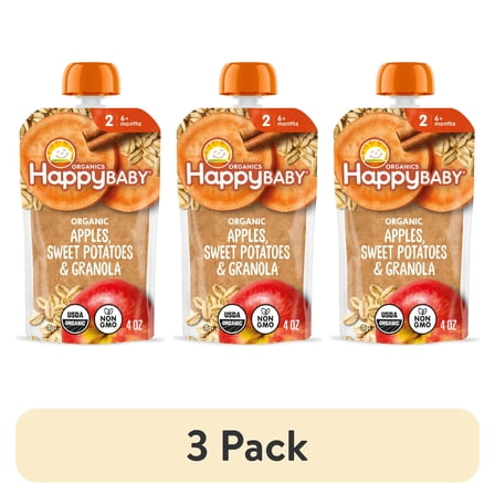 (3 pack) Happy Baby Organics Clearly Crafted, Stage 2 Meals, Apples Sweet Potato & Granola, Organic Baby Food, 4 oz Pouch