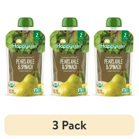 (3 pack) Happy Baby Organics Clearly Crafted, Stage 2 Pears Kale & Spinach Organic Baby Food, 4oz Pouch