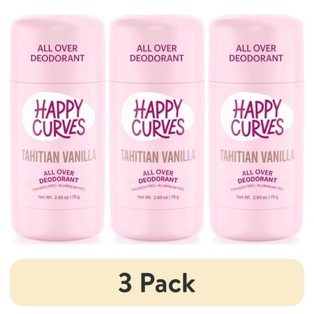 (3 pack) Happy Curves Natural, Aluminum Free Whole Body Deodorant for Women, Tahitian Vanilla, Stick, 2.65 oz