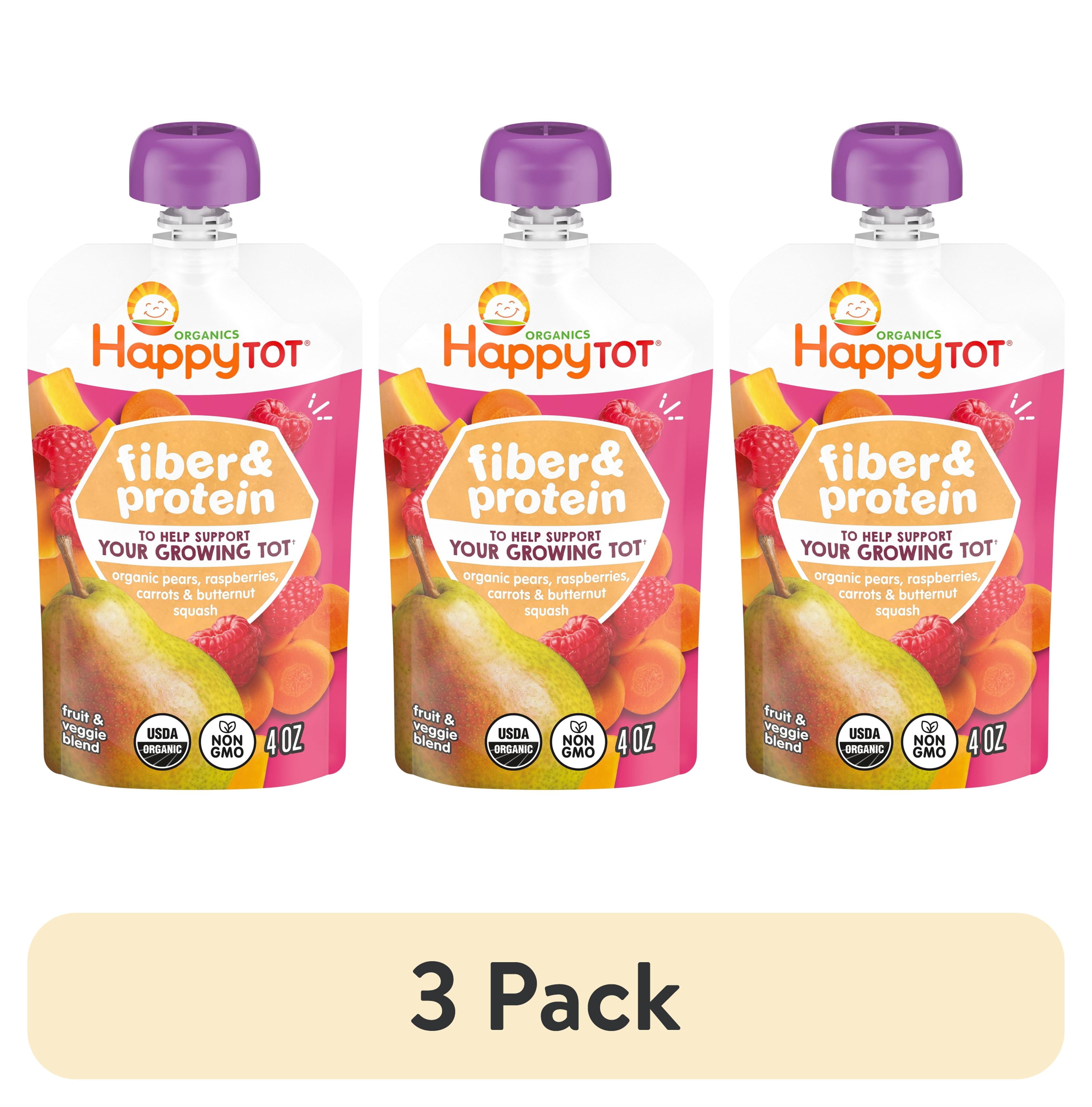 (3 pack) Happy Tot Organics Fiber & Protein Stage 4, Pears Raspberries Carrots & Butternut Squash Organic Tot Food, 4 oz. Pouch