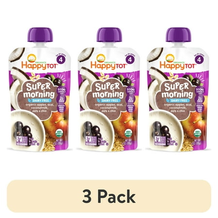 (3 pack) Happy Tot, Stage 4 Baby Food, Apples, Acai, Coconutmilk Oat, Cinnamon & Chia, 4 oz Pouch