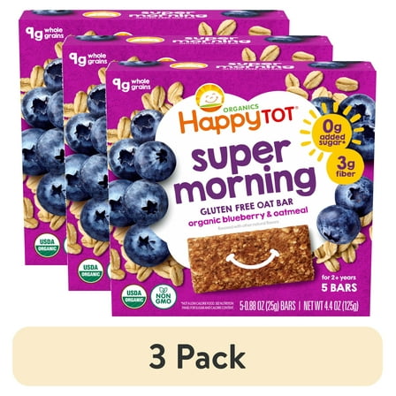 (3 pack) Happy Tot Organics Super Morning Oat Bar, Blueberry & Oatmeal, Organic Toddler Snack, 5 bars per box (1 Box)