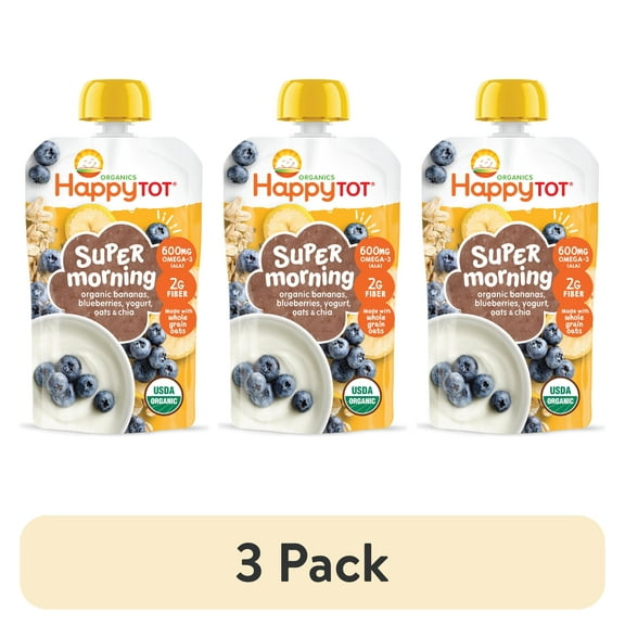 (3 pack) Happy Tot Organics Super Morning Stage 4, Bananas Blueberries Yogurt & Oats, Organic Tot Food, 4 oz Pouch