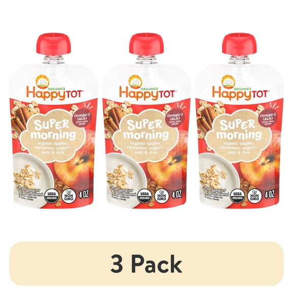 (3 pack) Happy Tot Organics Super Morning Stage 4, Apple Cinnamon Yogurt & Oats Organic Tot Food, 4 oz. Pouch