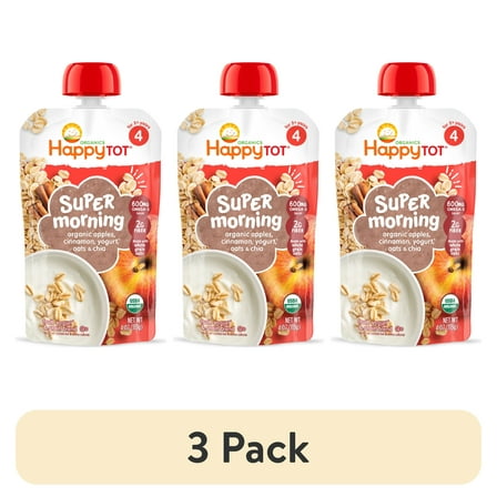 (3 pack) Happy Tot Organics Super Morning Stage 4, Apple Cinnamon Yogurt & Oats Organic Tot Food, 4 oz Pouch