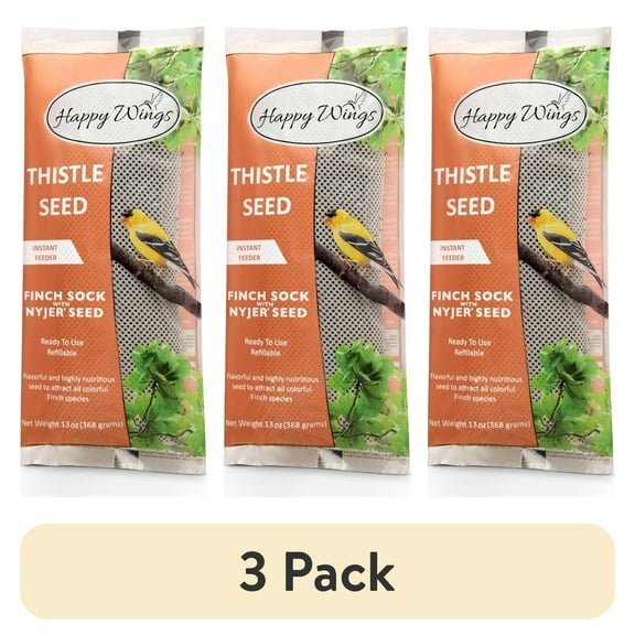 (3 pack) Happy Wings 13oz No Grow Prefilled Thistle Seed (Nyjer) Bird Food Sock Feeder - Wild Bird Seed - Dry
