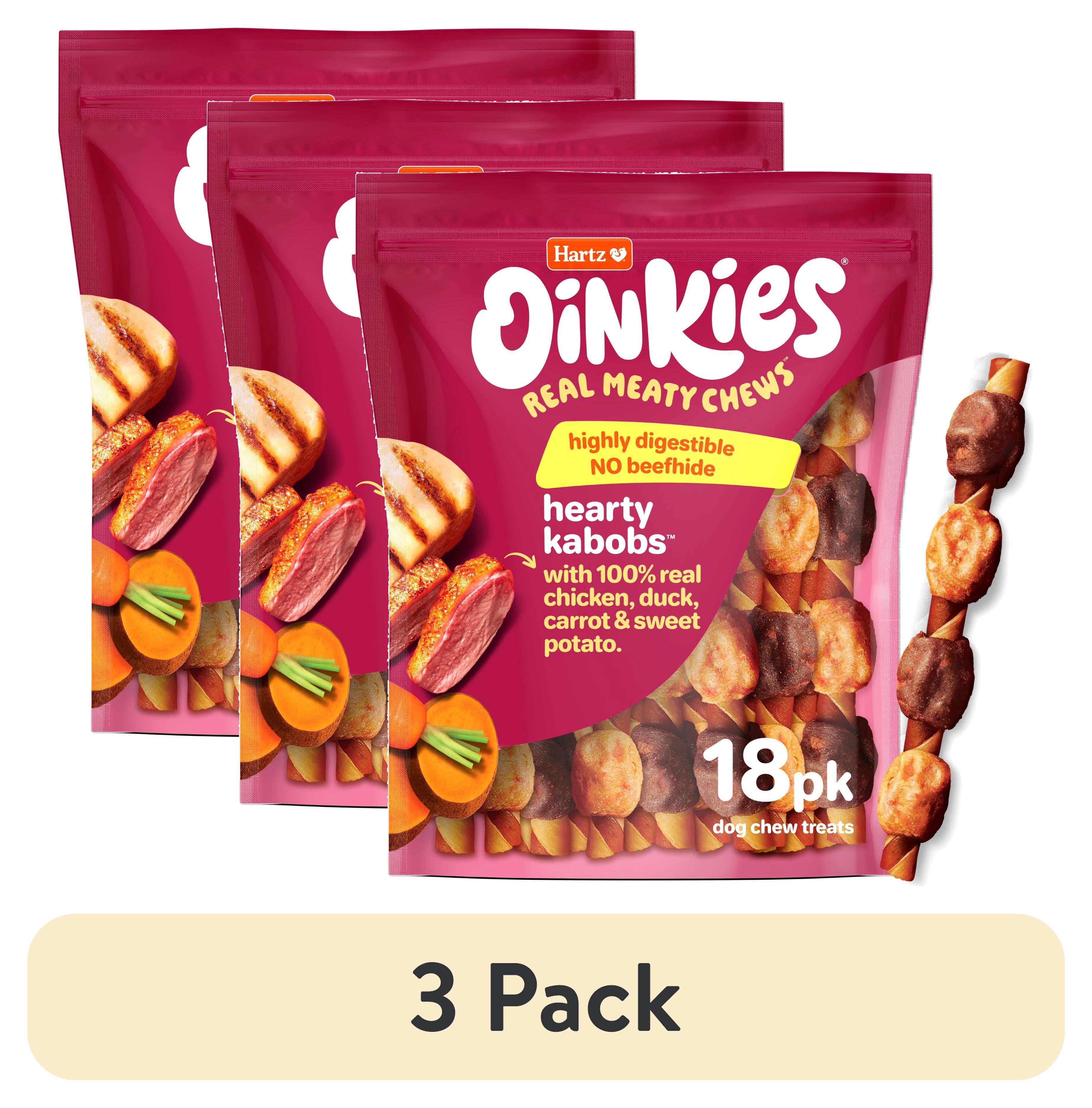 (3 pack) Hartz Oinkies Hearty Kabobs Rawhide‑Free Dog Treats with Chicken, Duck, Sweet Potato, and Carrot, Highly Digestible Dog Chews, 18 Count