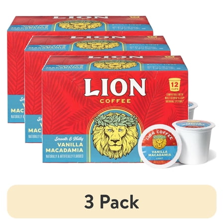 (3 pack) Lion Coffee Medium Roast Coffee Pods for Keurig Coffee Maker, Vanilla Macadamia, 12 Count