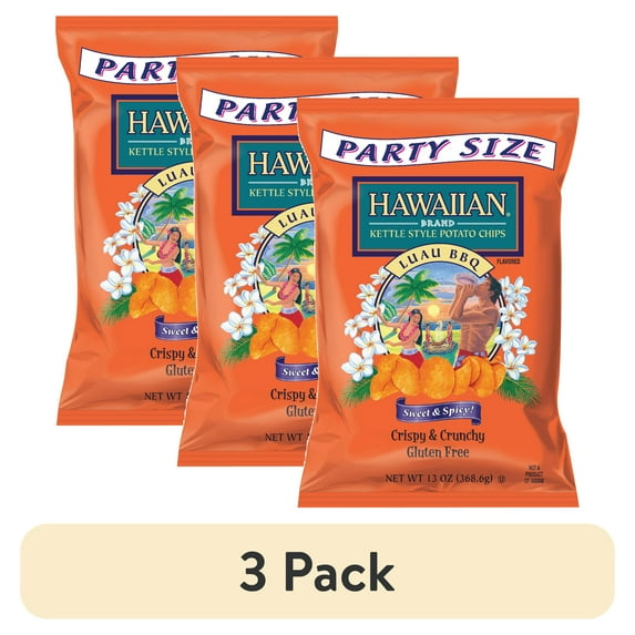 (3 pack) Hawaiian Brand Luau BBQ Kettle Style Potato Chips, Gluten-Free, Party Size, 13 oz Bag