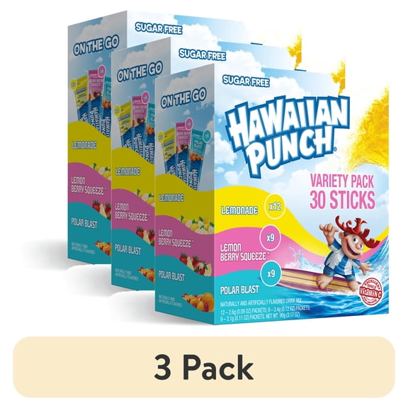 (3 pack) Hawaiian Punch Powder Drink Mix Variety, Lemonade, Lemon Berry Squeeze, Polar Blast, Sugar-Free, 30 Count