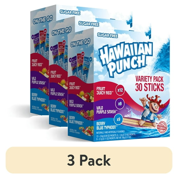 (3 pack) Hawaiian Punch Powder Drink Mix Variety Pack, Red, Blue, & Purple, Sugar-Free, 30 Count