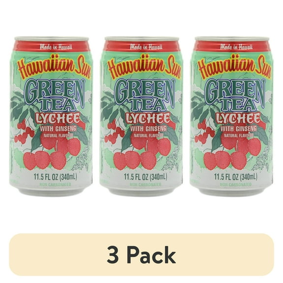 (3 pack) Hawaiian Sun Green Tea Lychee with Ginseng, 11.5 Fl. Oz., 6 Count