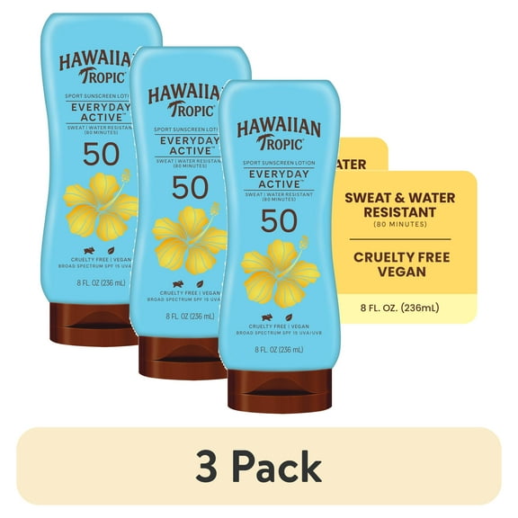 (3 pack) Hawaiian Tropic Everyday Active Sunscreen Lotion, 50 SPF, 8 fl oz, Water Resistant Adult Sunblock