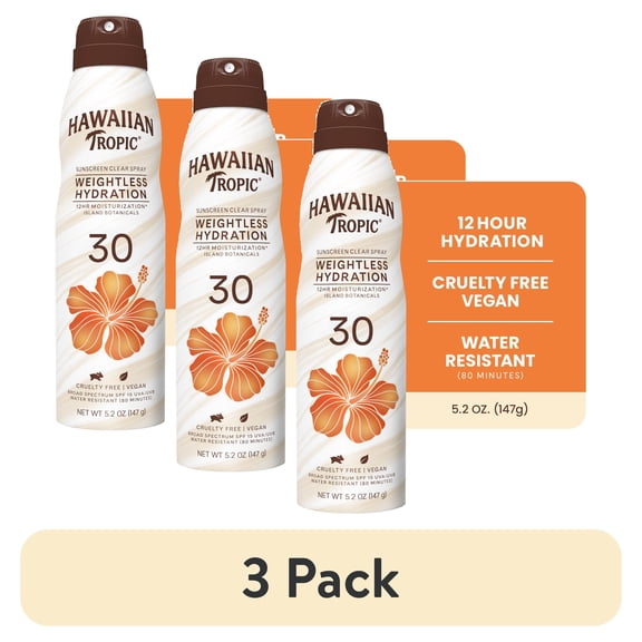 (3 pack) Hawaiian Tropic Weightless Hydration Clear Sunscreen Spray, SPF 30, 6 oz