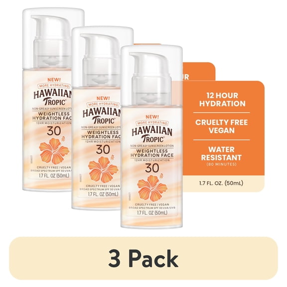 (3 pack) Hawaiian Tropic Weightless Hydration Lotion Sunscreen for Face SPF 30, Travel Size 1.7oz