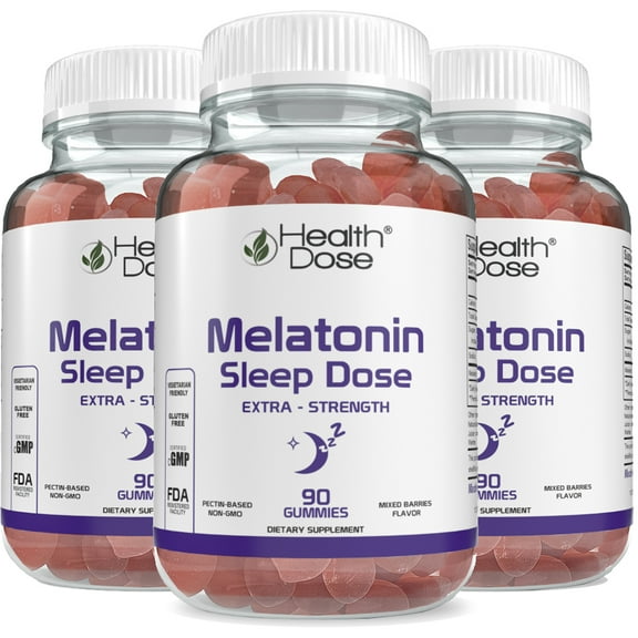 (3 pack) Health Dose Melatonin 6 mg Extra Strength Gummy, for Restful Sleep Supplements for Adult Mixed Berries Flavor 90 Gummies.