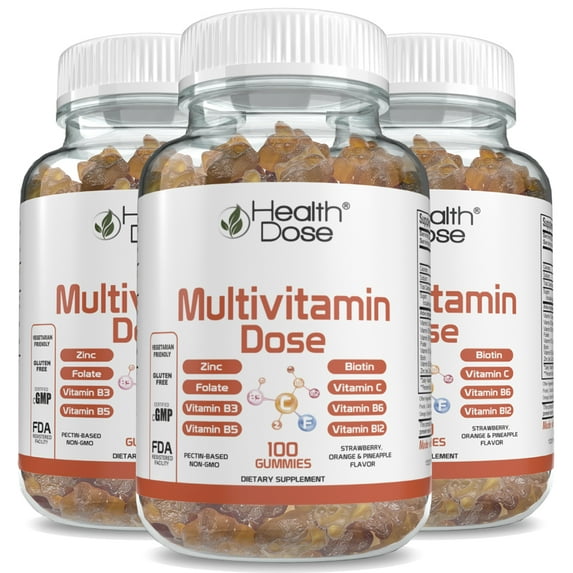 (3 pack) Health Dose Multivitamin Dose Adults Strawberry, Orange and Pineapple Flavor 100 Gummies Gluten Free, Vegetarian Friendly
