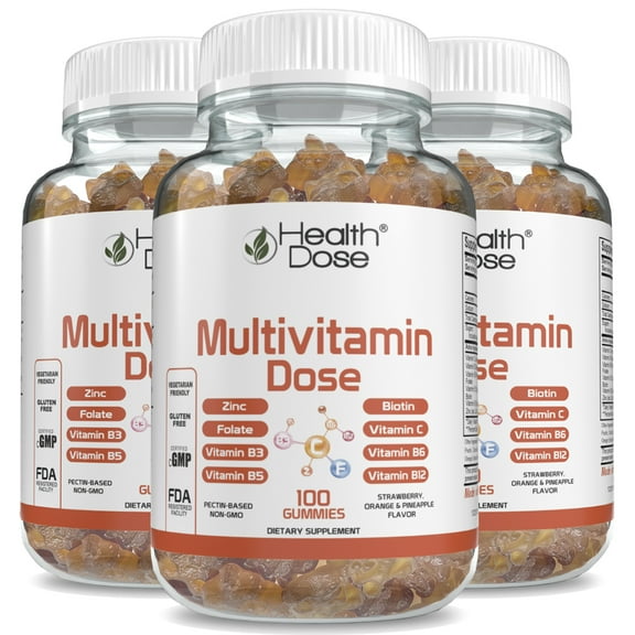(3 pack) Health Dose Multivitamin Dose Adults Strawberry, Orange and Pineapple Flavor 100 Gummies Gluten Free, Vegetarian Friendly