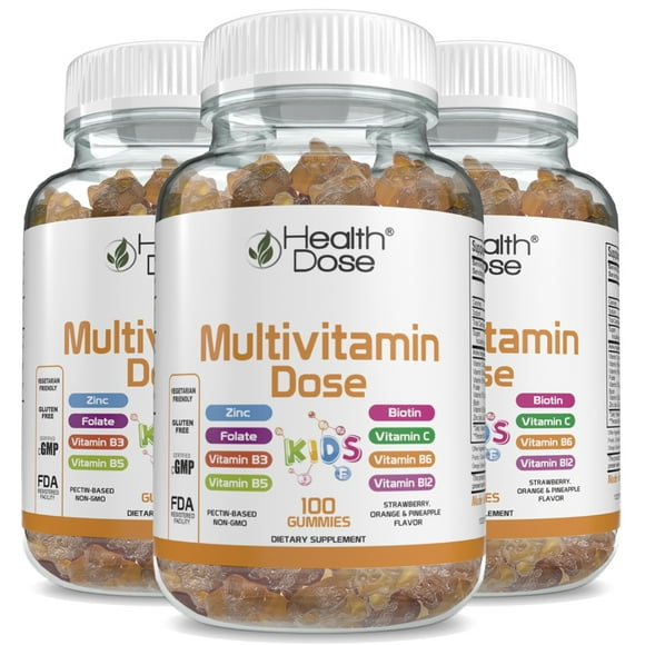 (3 pack) Health Dose Multivitamin Dose Children 100 Gummies, Vitamins A, B3, B5, B6, B12,   Gluten Free Vegetarian Friendly.