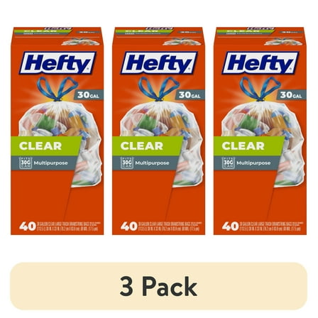 (3 pack) Hefty Clear Trash Bags, Clear, 30 Gallon, 40 Count