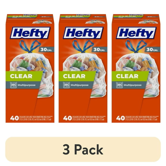 (3 pack) Hefty Clear Trash Bags, Clear, 30 Gallon, 40 Count