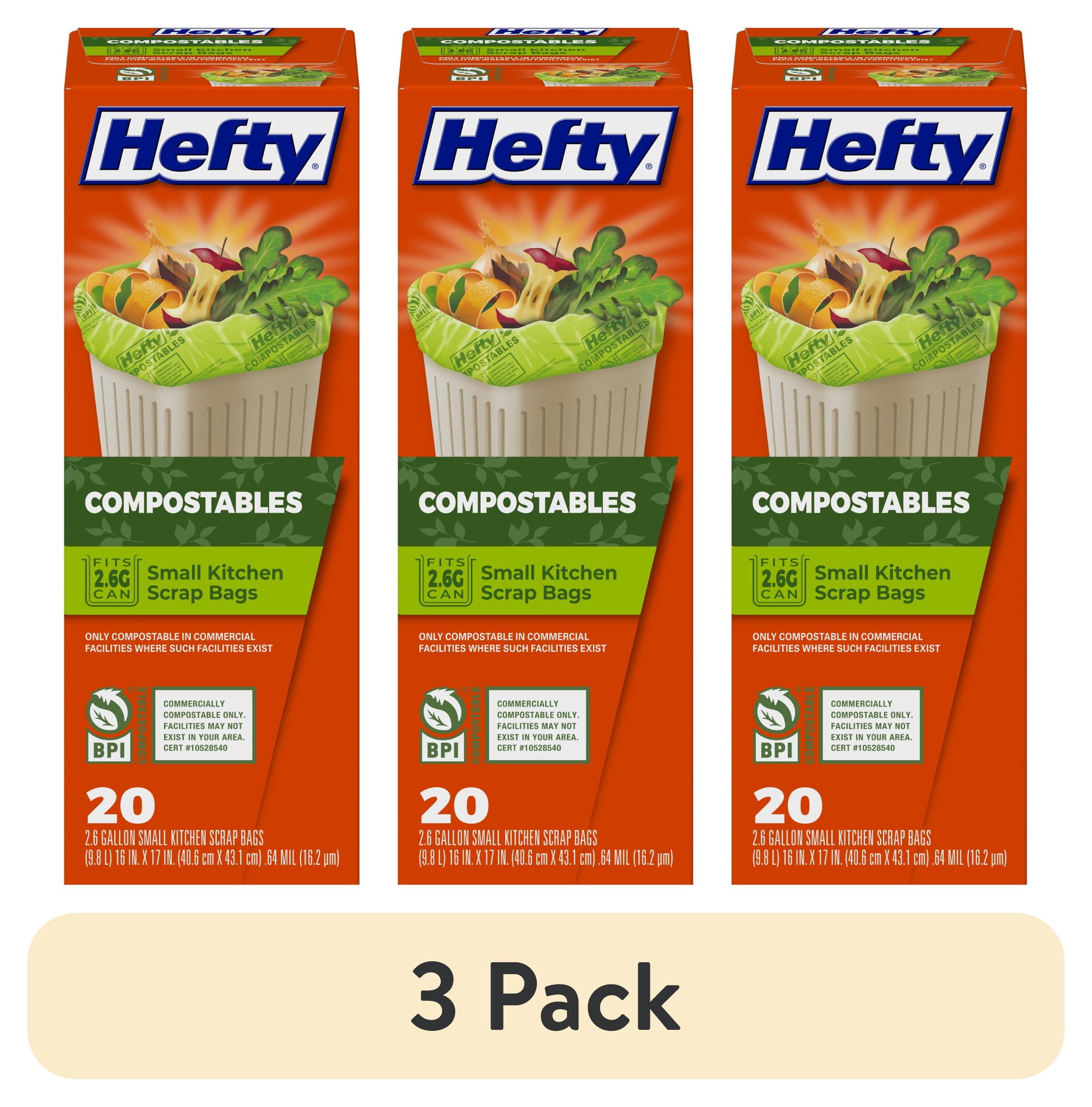 (3 pack) Hefty Compostable Kitchen Scrap Trash Bags, 2.6 Gallon, 20 Bags