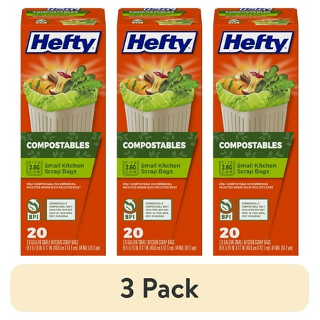 (3 pack) Hefty Compostable Kitchen Scrap Trash Bags, 2.6 Gallon, 20 Bags
