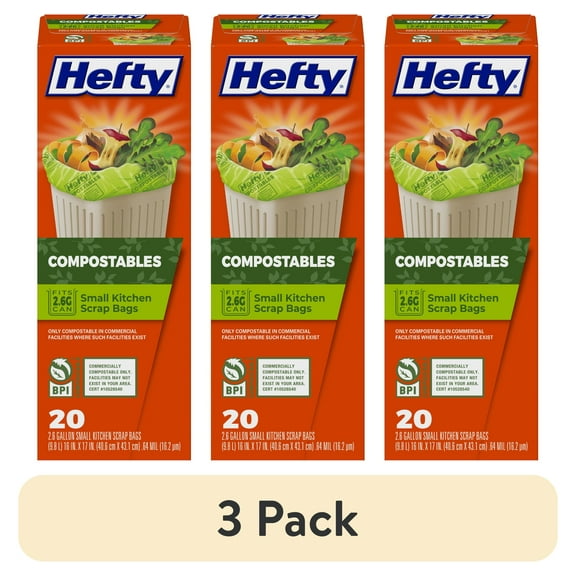 (3 pack) Hefty Compostable Kitchen Scrap Trash Bags, 2.6 Gallon, 20 Bags
