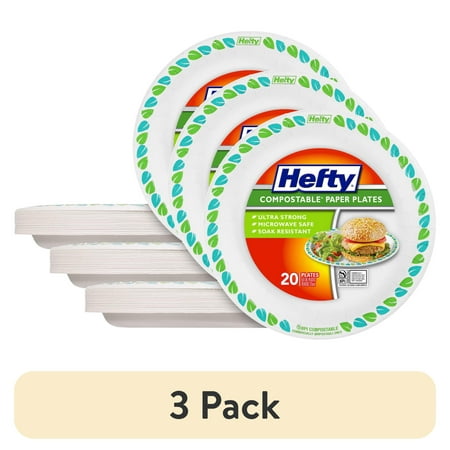 (3 pack) Hefty Compostable Paper Plates, Disposable Plates, 8.6 inches, 20 Count