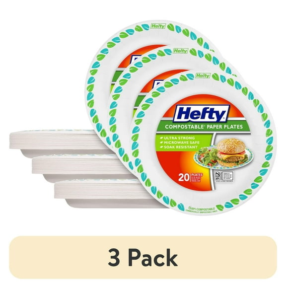 (3 pack) Hefty Compostable Printed Paper Plates, 8.6 Inch, 20 Count