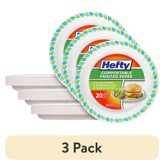 (3 pack) Hefty Compostable Paper Plates, Disposable Plates, 8.6 inches, 20 Count