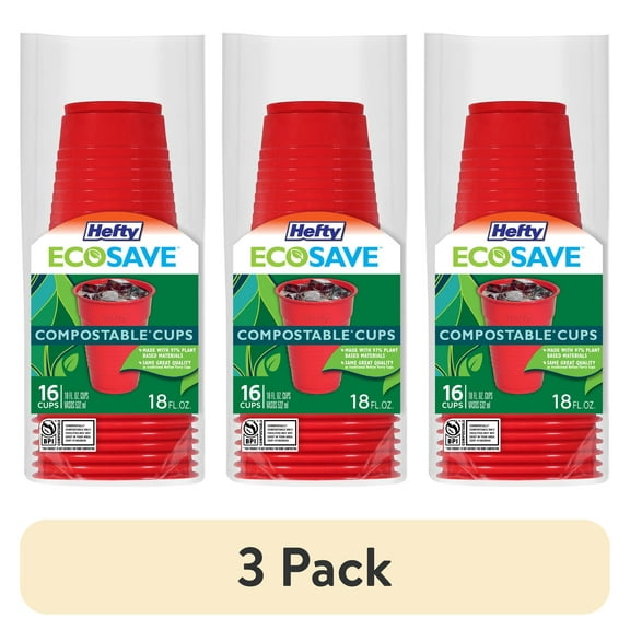 (3 pack) Hefty ECOSAVE Compostable Cups, Red, 18 oz, 16 Count