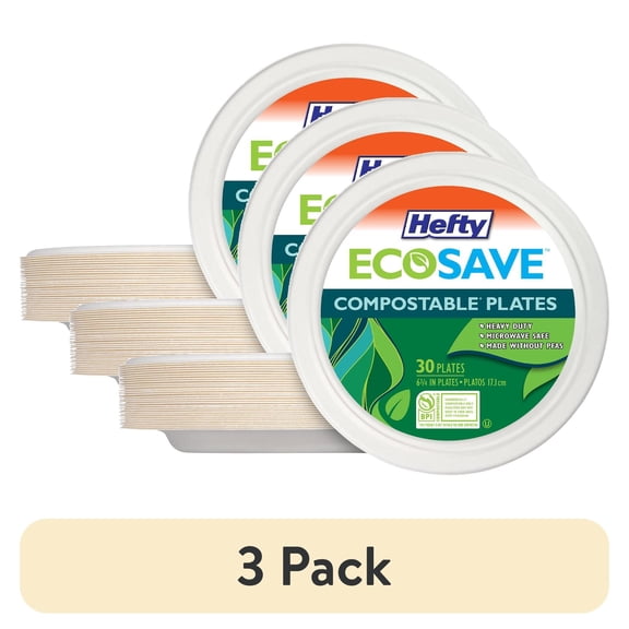 (3 pack) Hefty ECOSAVE Compostable Paper Plates, 6 3/4 inch, 30 Count