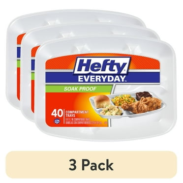 (3 pack) Hefty Everyday Soak-Proof Foam Compartment Tray, White, 9 x 11 Inch, 40 Count