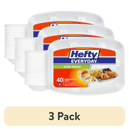(3 pack) Hefty Everyday Soak-Proof Foam Compartment Tray, White, 9 x 11 Inch, 40 Count