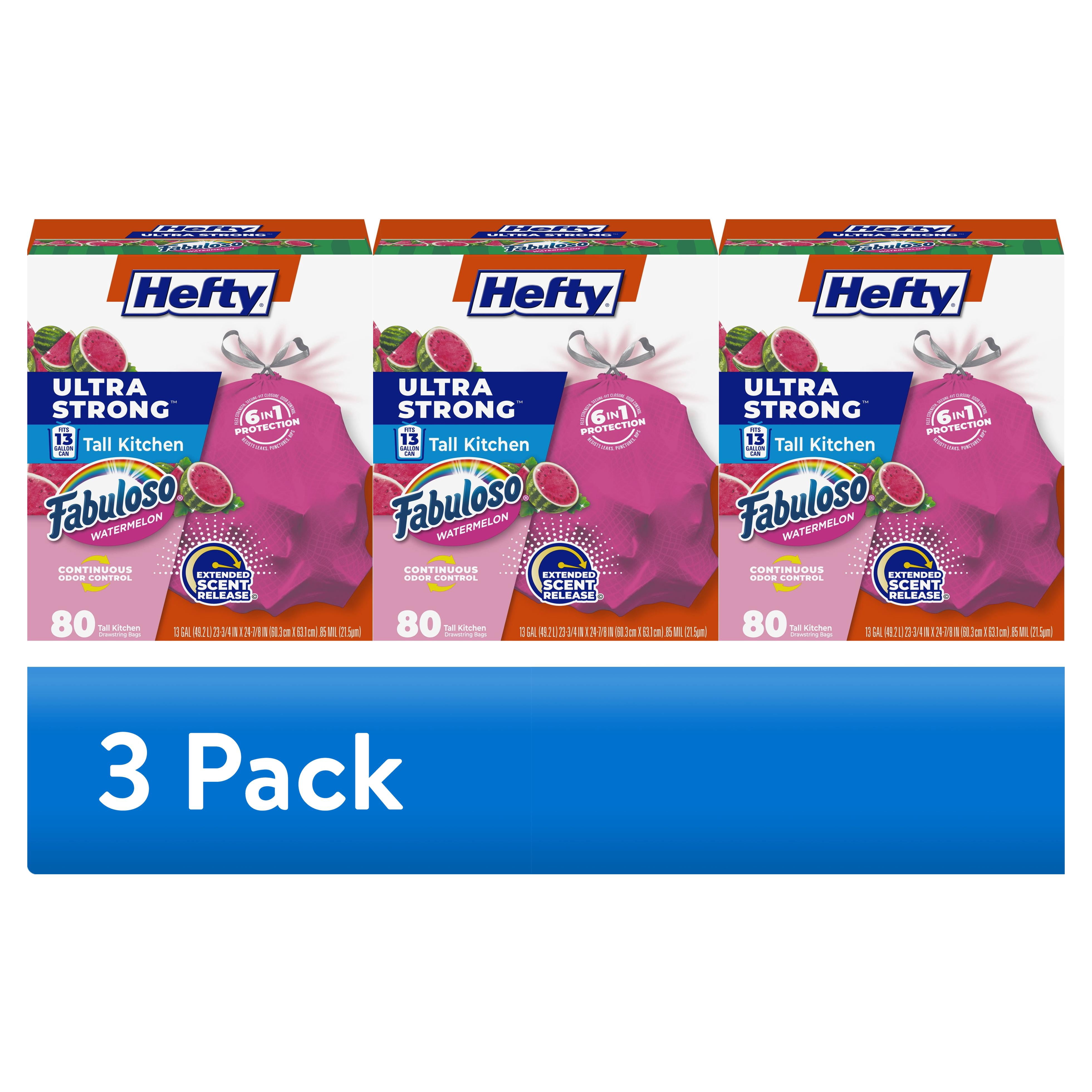 (3 pack) Hefty Ultra Strong 13 Gallon Trash Bags, Tall Kitchen Trash Bags, Pink, Fabuloso Watermelon Scent, 80 Bags