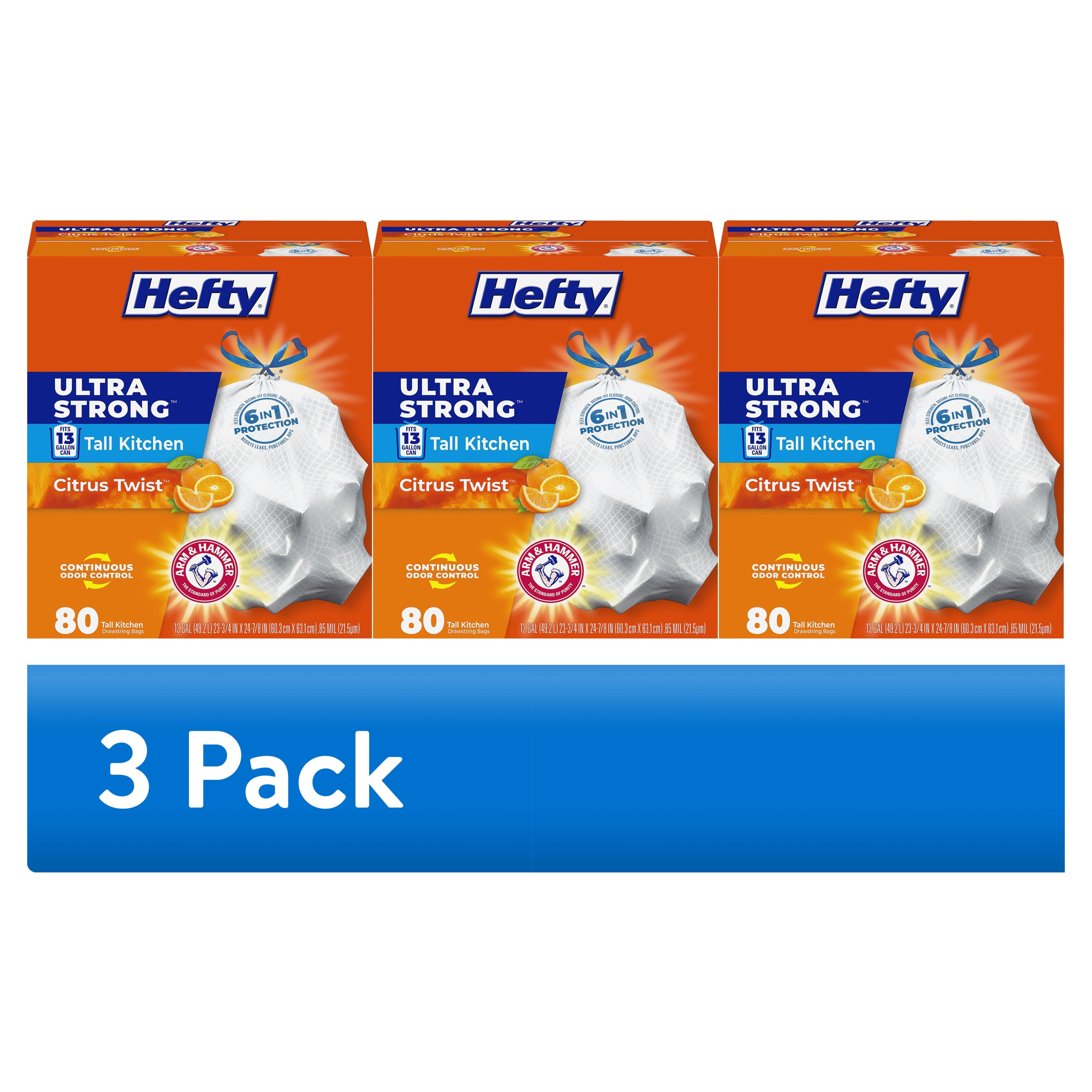 (3 pack) Hefty Ultra Strong 13 Gallon Trash Bags, Tall Kitchen Trash Bags, White, Citrus Twist Scent, 80 Bags