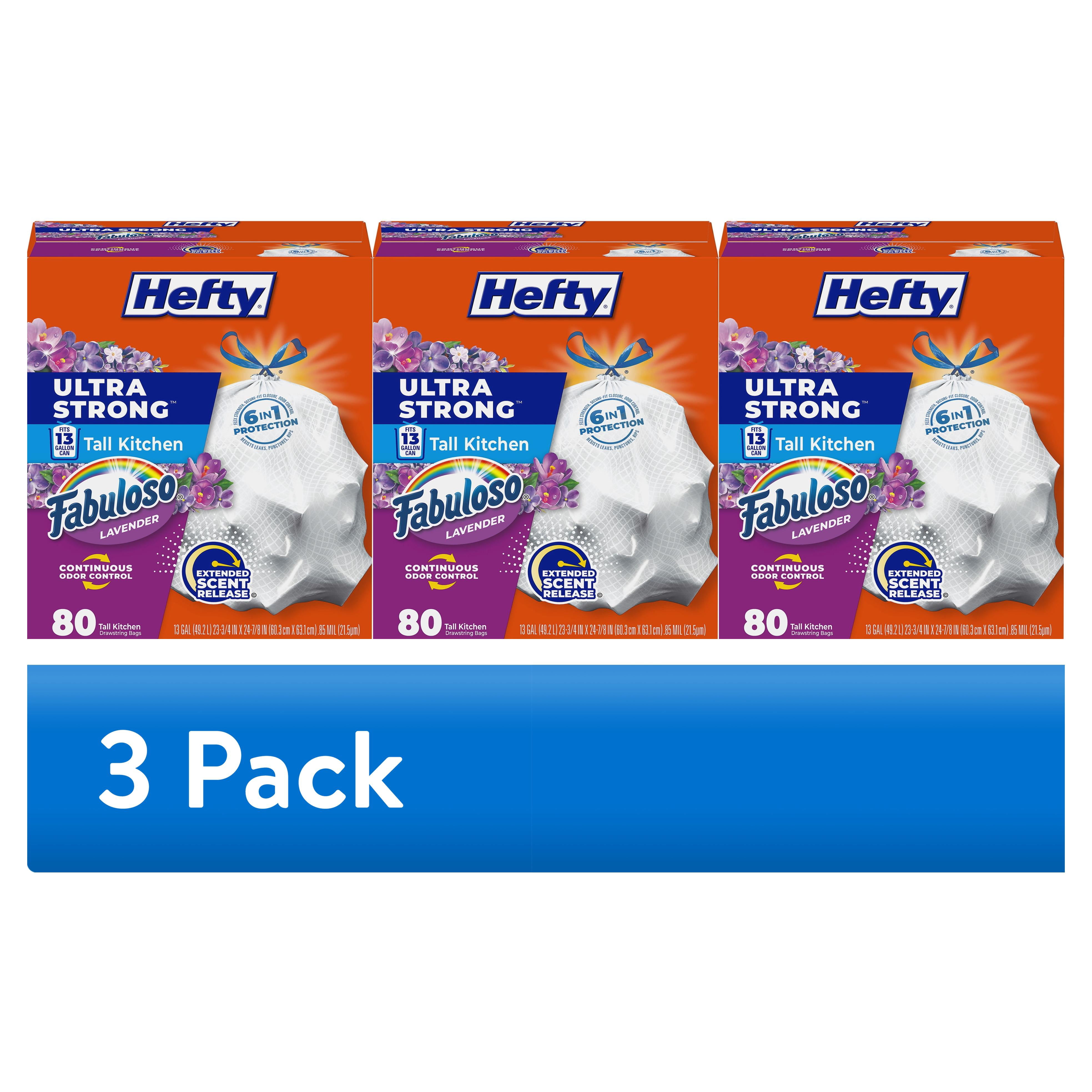(3 pack) Hefty Ultra Strong 13 Gallon Trash Bags, Tall Kitchen Trash Bags, White, Fabuloso Lavender Scent, 80 Bags