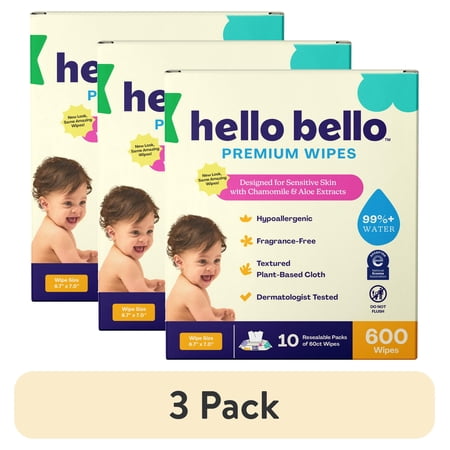 (3 pack) Hello Bello Premium Fragrance-Free Baby Wipes, 10 Flip-Top Pouches (600 Total Wipes)