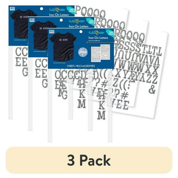 (3 pack) Hello Hobby 1 inch Silver Glitter Classic Iron-on Letters Appliques
