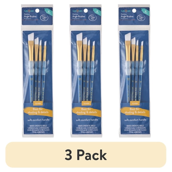(3 pack) Hello Hobby 4 Piece Angle Synthetic Bristle Paint Brush Set with Soft Grip