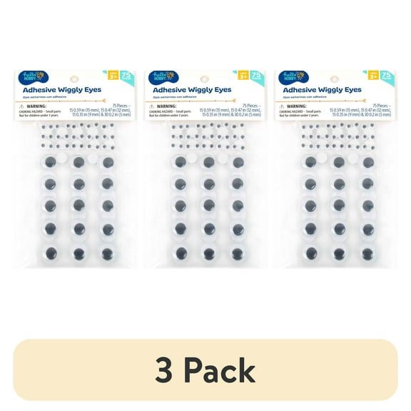 (3 pack) Hello Hobby Adhesive Black and White Plastic Wiggly Eyes, 75-Pack