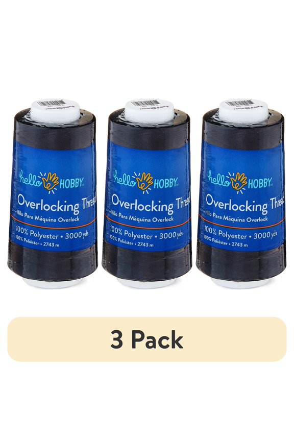 (3 pack) Hello Hobby Black 100% Polyester Overlocking Thread, 3000 Yards
