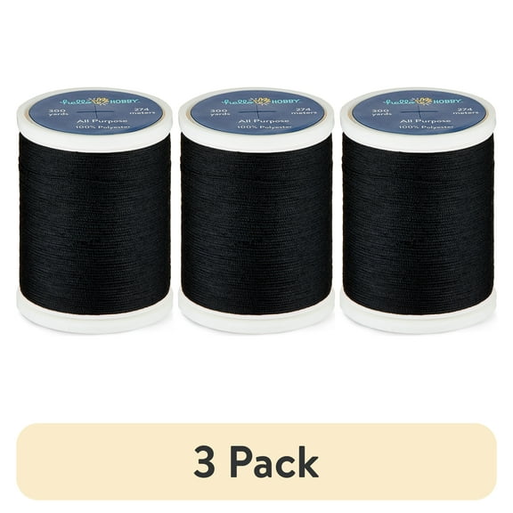 (3 pack) Hello Hobby Black 400 100% Polyester All Purpose Thread, 300 Yards