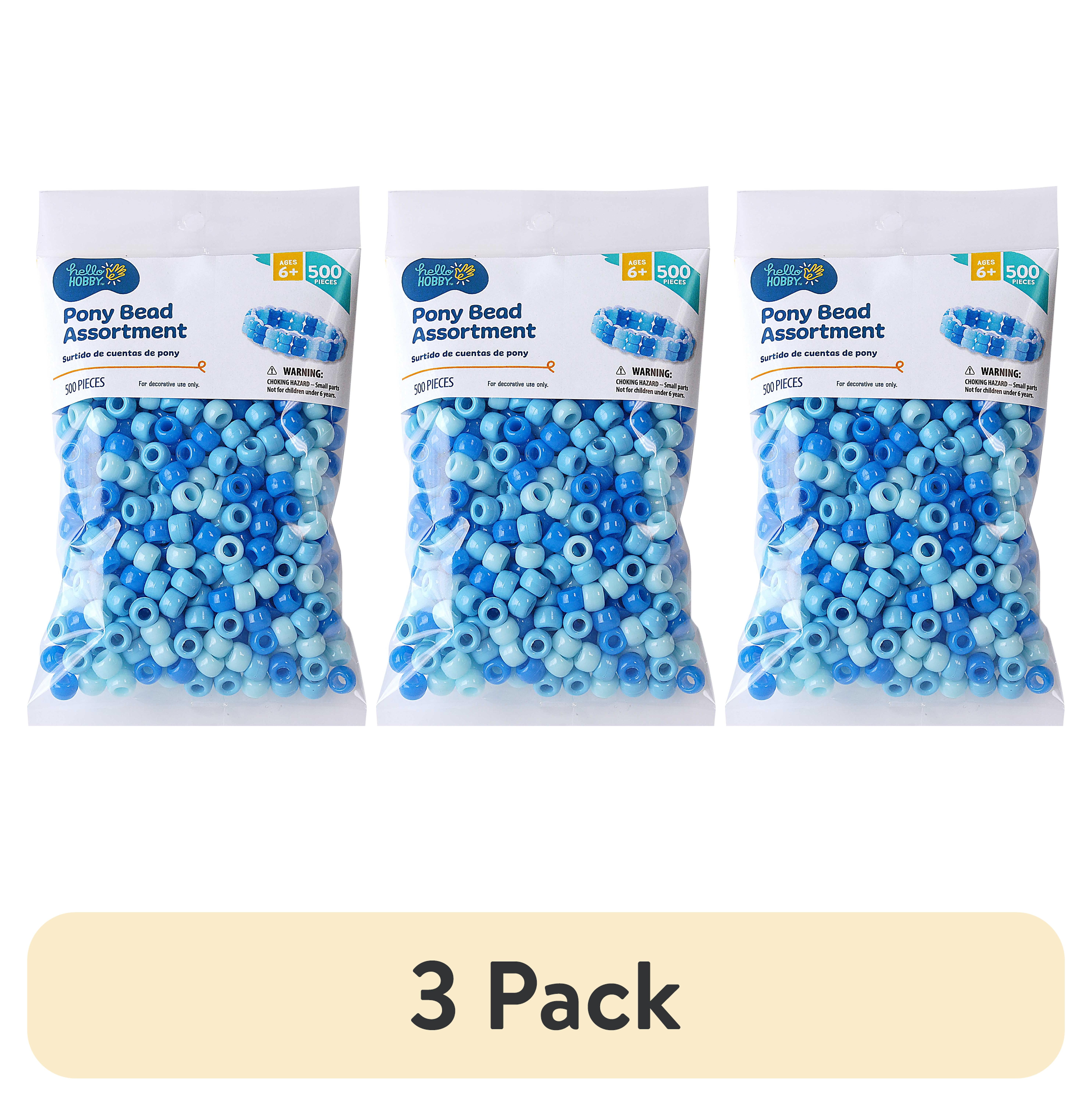 (3 pack) Hello Hobby Pony Bead Mix, Blue, 500 Pieces, Plastic Craft Beads for Jewelry Making and DIY Projects